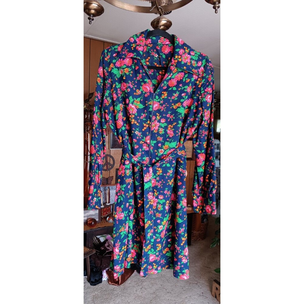 Vintage 70s Hand Made 70s Flower Mini Dress Long Sleeve - L/XL